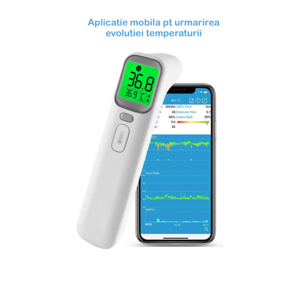 Termometrul digital cu infrarosu Defiro, pentru copii si adulti, pentru frunte si ureche si pentru obiecte, cu alarma pe culori si cu aplicatie mobila